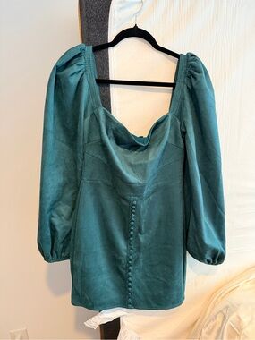 Byegreis Teal Puff-Sleeve Mini Dress with Button Front